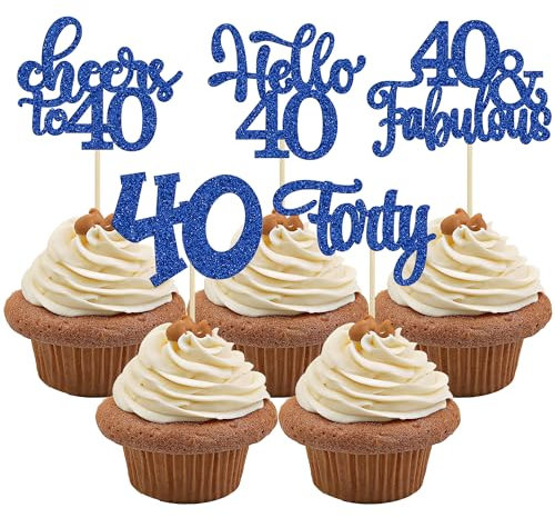 30Pcs Happy 40th Birthday Cupcake Toppers Deep Blue Glitter Forty Cheers to 40 Years Old Birthday Cupcake Picks for Happy 40th Birthday Anniversary Party Cake Decorations