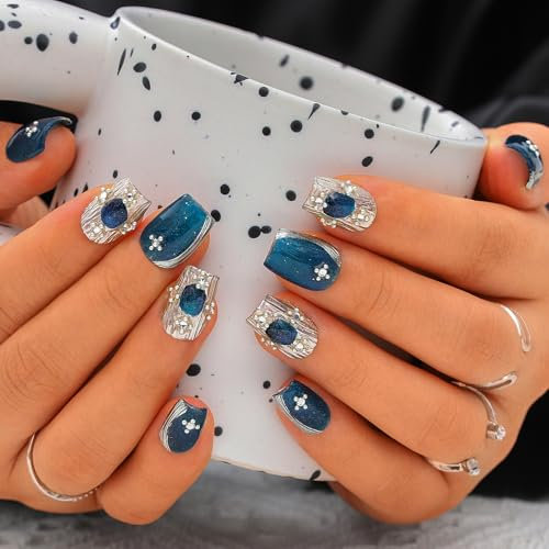 Sethexy Blue Handmade Press On Nails Short Coffin False Nails with Design Salon Acrylic Silver Glossy Fake Nails for Women and Girls 10PCS (Blue5)