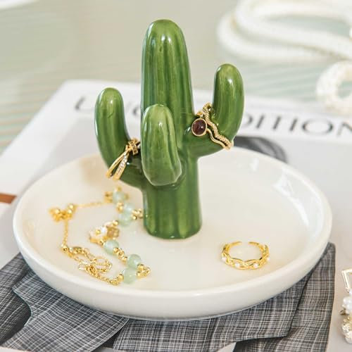 TOPSKINOY Cactus Ring Holder Dish, Ceramic Jewelry Tray Trinket Dish for Necklace Keychain Organizer, Cute Funny Birthday Wedding Mothers Day Gift for Women Friends Girls