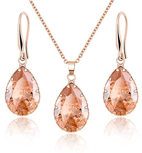 Linawe Citrine Crystal Jewellery Sets for Women Rose Gold, Imitation Diamond Pendant Necklace Set, Yellow Rhinestone Drop Dangle Earrings Set, Birthstone Cubic Zirconia Matching Wedding Jewellery
