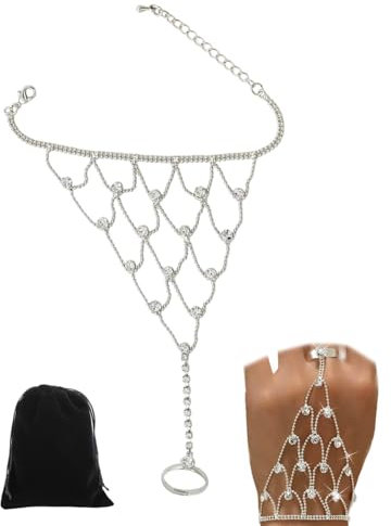 HSIXHAF 1 pcs Kristall Ring Armbänder Braut Hochzeit Armreif Hand Kette Silber Finger Ring Link Armband Harness Kette Hand Schmuck für Frauen Mädchen, Strasssteine, Strasssteine