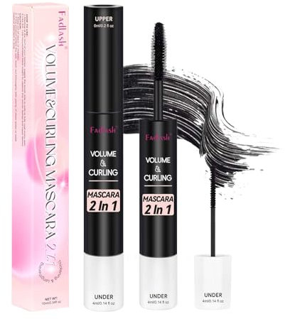 Fadlash Noir Mascara Volume Waterproof Longueur Convient aux Yeux Sensibles Thick Curling Lengthening Tenue 24H Conception à Deux Têtes,Épais+Léger (6ml+4ml)