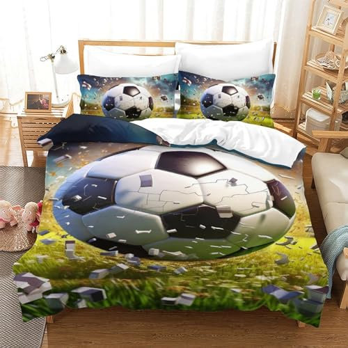 HSTDVBALE Fußball 3D Gedruckt Bettwäsche-Set 3 Teilig Bettbezug Set Mit Kissenbezügen Soft Microfaser Luxus Modern Mit Reißverschluss Für Erwachsene Und Kinder Single(140x200cm)