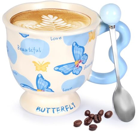 Taza de café de cerámica de 13.5 onzas, taza de té alta de porcelana con asa para el hogar y la oficina, lindas tazas de capuchino expreso, taza de sublimación con patrón artístico de mariposa,