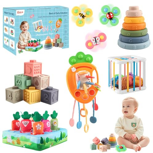 6 in 1 Montessori Spielzeug Baby, Spielzeug Baby ab 6 bis 12 Monate, Sensorisches Baby Spielzeug, Motorikspielzeug, Stapelspielzeug, Silikon-Zugschnur-Aktivitätsspielzeug, Saugnapf-Kreiselspielzeug