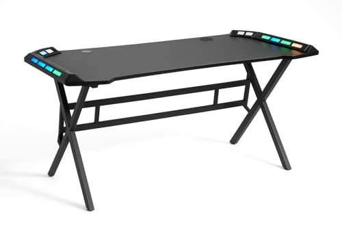 DUPI Mesa Gaming Ergonomica | Tablero Simulación Fibra de Carbono | Estructura ZZ | Soporta Monitores 40 | Carga 60kg (con LED)