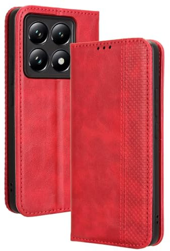 WBWONE Leather Folio Cover per Xiaomi 14T Pro 5G, Custodia in Pelle PU Magnetica Libro Flip Portafoglio con [Funzione Stand]. Rosso