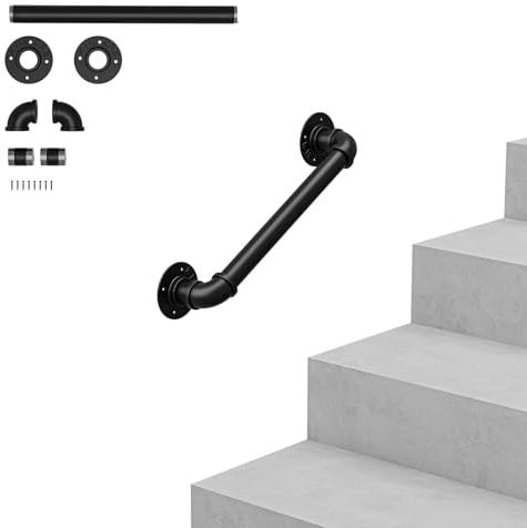 OUNUO Wall Handrail for Stairs Steps, Black Metal Industrial Pipe Staircase Handrail for Indoor Outdoor Wall Mount Support, Wall Hand Railing,Safety Handle (Black, 50cm)