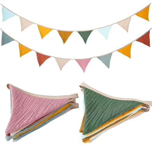 Kisvic Wimpelkette Stoff, Wimpelkette Kinderzimmer, Baumwolle Girlande Kinderzimmer Deko zum Aufhängen, Wanddeko Geschenk Babyzimmer Dekoration Mädchen & Jungen (Beige + Grün)