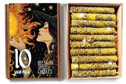 Phoenix Candle Company - 10 x gekleidete Bienenwachskerzen (Solarladung) - Aromatische Kräuter - Zaubersprüche - Magisch dekoriert und für Rituale geeignet