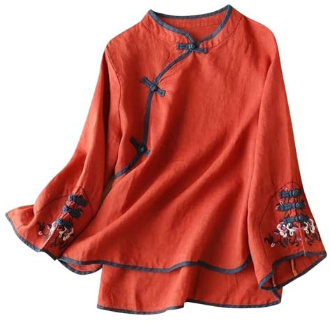 Hauts pour femme - Taille 50 - Costume traditionnel chinois - Chemisier pour femme - Broderie en coton et lin - Clochette à manches longues - Boutons grenouille - Hauts de Noël Cheongsam, Rouge, XXL