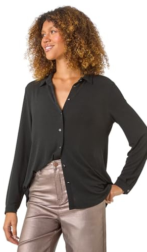 Roman Originals Shirt for Women Ladies Cotton Blouse Button Through Tunic Printed Top Work Long Sleeve Smart Casual Going Out Work Office V Neck Everyday Evening Event - Noir - Size 20