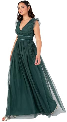 Anaya with Love Damen Women's Maxi Dress Ladies Cap Sleeve V-Neck Satin Detail Tulle A-line Bridesmaid Wedding Guest Occasion Prom Ball Gown Dress (1er Pack)
