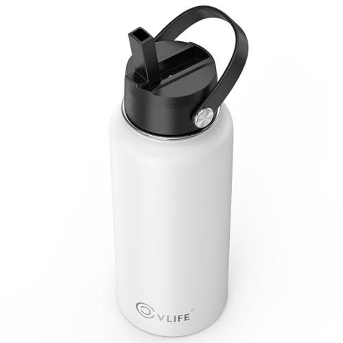 CVLIFE Insulated Water Bottle with Straw, 304 Leak Proof Stainless Steel, Lightweight Easy to Carry Dishwasher Safe, Travel Water Bottle for Gym and Sports (32 oz White)