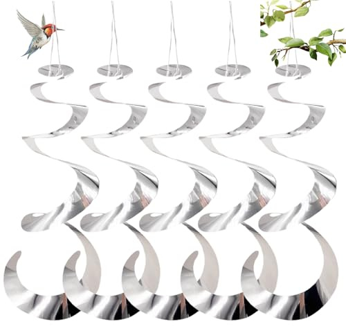 LUMOOM 5PCS Reflektierende Vogelschreck Windspirale, Effektive Vogelabwehr zur Abschreckung, Windspirale Taubenabwehr, Balkon Vogelschutz Taubenschreck, Windspiel Vogelabwehr Gartenstecker (Silber)