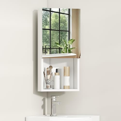 Rebonique Corner Bathroom Mirror Cabinet,Wall Mounted Corner Cabinet with 3 Shelves,Single Door Bathroom Cabinets with Mirror,White Storage Unit for Shower Room Bedroom Living Room, 30 * 24 * 60CM