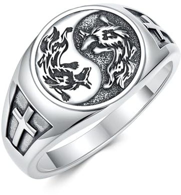 ROMANTICWORK Wolfs ring, 925er Sterlingsilber, Yin Yang Ring, Hexer Medaillon, Kreuz ringe für Männer, Wikinger Wolfs schmuck, Weihnachts- und Geburtstags geschenke, Unisex