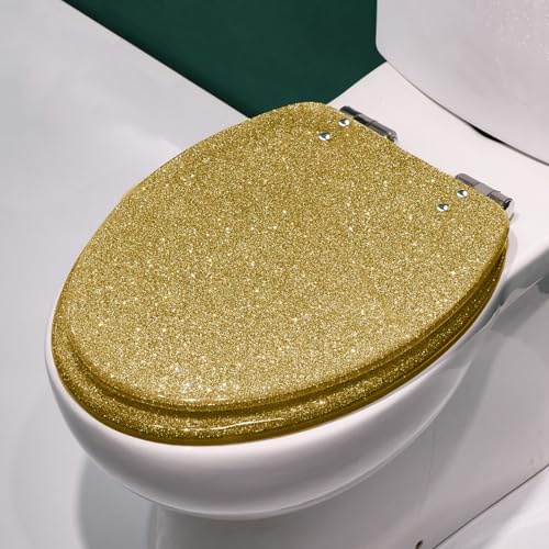 Giural WC Sitz Mit Absenkautomatik, 44 * 36.5cm Toilettensitz Aus Kunstharz Glitzer Toilettendeckel, Klodeckel Mit Absenkautomatik Einfache Montage Deckel Klobrille, 36X42cm,Gold