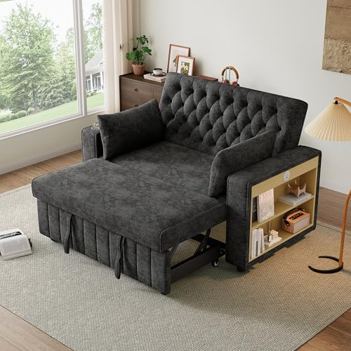 A ALFRESCOOL Schlafsofa 2-Sitzer klein, Sofa mit Schlaffunktion, Schlafsofa ausziehbar mit Getränkehalter, Kissen, Klappsofa für Wohnzimmer, Schlafzimmer und Gästezimmer, Grau