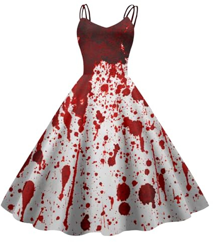 Generisch Halloween Kostüm Damen Gruselig Blutige Zombie Braut Horror Elegant Brautkleid Ärmellos Aufdruck Kleid mit Blutigem Print Mittelalter Cocktailkleid Party Karneval Kleider