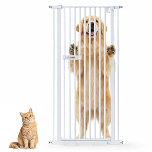 150cm Extra Tall Pet Gate, 76cm-106cm Wide Pressure Mounted Cat Dog Fence with 2 Extension Kits, Lockable Small Door, used to Restrict Access to Pets and Bbies (White, 150 CM)