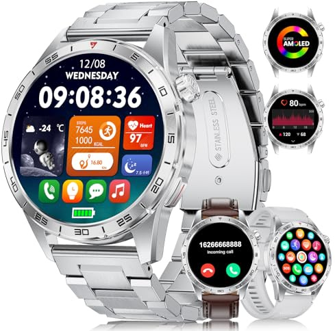 LIGE Smartwatch Herren Militär mit 3 Armbands, 1,43'' AMOLED Fitnessuhr mit Telefonfunktion, 400mAh Akku, 100+ Sportmodi, IP68 Wasserdicht, Herzfrequenz/Schlafmonitor/SpO2 Sportuhr für iOS Android