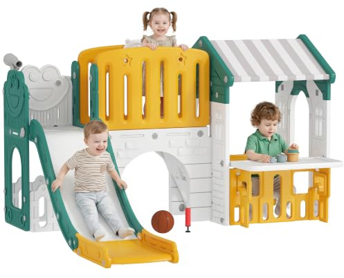 AIYAPLAY Toboggan 7 en 1 avec niche pour enfants, toboggan avec échelle, anneau de basket-ball, tunnel, ardoise, télescope, pour intérieur, jaune et vert