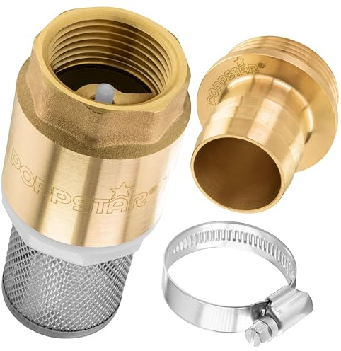 Poppstar Suction Filter Set, Foot Valve with Non-Return Valve 1 1/4 Made of Brass, Stainless Steel Suction Basket, Nozzle and Hose Clamp