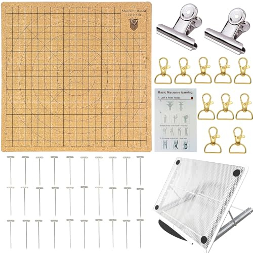 Makramee-Brett mit Ständer,30 x 30cm Doppelseitiges Makramee-Brett mit Stiften Klemme Anleitung, Karabinerhaken,Wiederverwendbares Macrame Board für Handgefertigt Wandbehange Taschen Schmuck