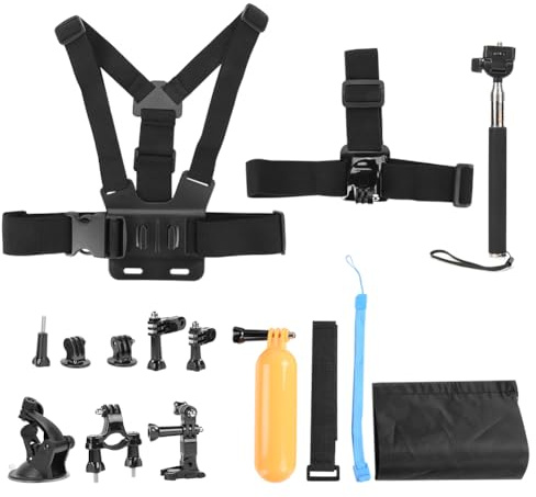 MMABEUTF Universal Action Camera Accessories Set, for Most Motion Cameras, with Selfie Stick, Tripod Adaptor, Long Screw, Soft Rubber Suction Cup, Chest Straps, J-Hook Buckle, for