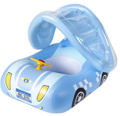 Babyschwimmer mit Baldachin, aufblasbarer Poolschwimmer in Autoform mit Sitz und Lenkrad für Kinder von 1–6 Jahren
