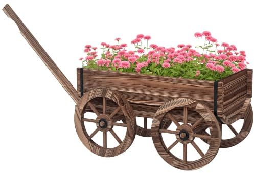 Outsunny Chariot à Fleurs en Bois Roues 120 x 41 x 54 cm Marron Carbonisée | Poignée, Bac à Fleurs, Brouette avec Trous de Drainage, Jardinière Décorative, Jardin, Balcon, Terrasse