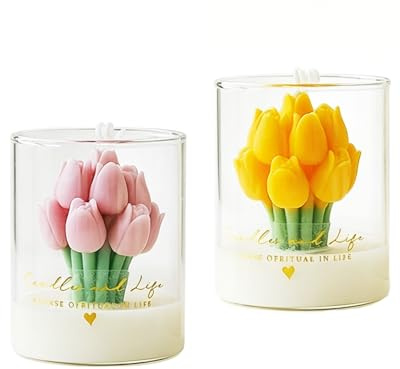 Bouquet di Tulipani Rosa Profumati Candele per la Casa Ornamenti Candele Aromaterapia Fatte a Mano Avvolte in Vetro Regali Romantici per San Valentino Festa della Mamma e Compleanni (Confezione da 2)
