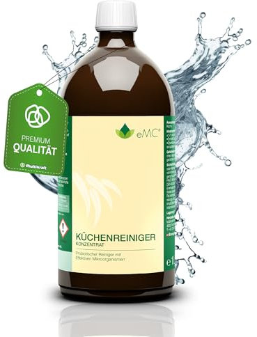 eMC Küchenreiniger – Probiotischer Reiniger gegen hartnäckige Fettablagerungen, ideal für Küchenoberflächen wie Kochfelder, Dunstabzugshauben & Backöfen, beseitigt Gerüche, 1 Liter