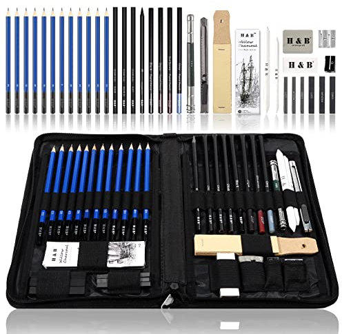 H & B Sketch Set di matite per artisti Kit da disegno in caso di cerniera con pad da disegno, tutti i materiali vari e materiali d'arte per la tua pittura (40 Pezzi)
