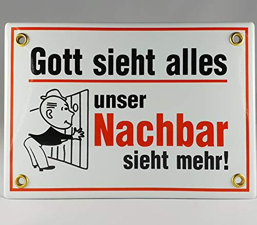 A.G.S. Emaille Schild Handarbeit Nr.17 - Gott Sieht Alles. Unser Nachbar Sieht mehr