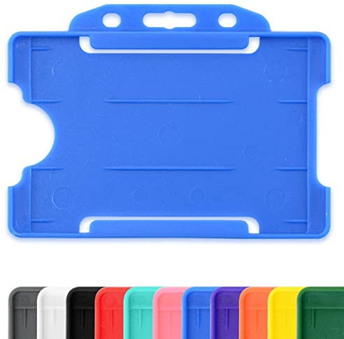 CKB LTD 10x Blue Single Sided Rigid Slide in Open Faced ID Card Badge Holders Horizontal/Landscape Identity Plastic Pass Protector - Holds a 86mm 54mm cr80 Credit Card Sized