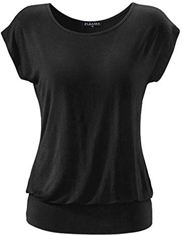 Fleasee Damen T-Shirt Kurz Ärmel Bluse Stretch Lässig Tunika Allover Druck Oberteile Top L Schwarz