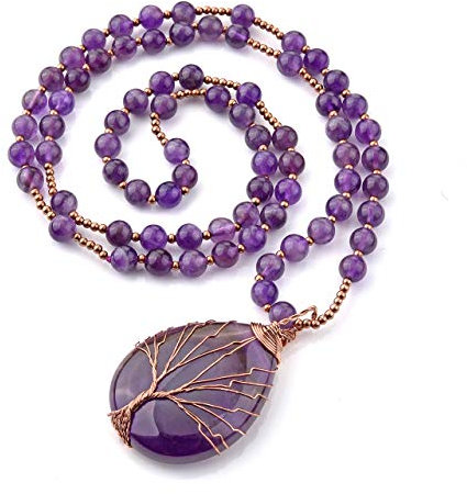 Jovivi Bijoux Pendentif Collier Améthysts Perles Pierre Naturelle Chaîne Pull Retro DIY Arbre de la Vie en Cuivre Fil Forme Goutte d'eau Pierre Precieuse d'Energie