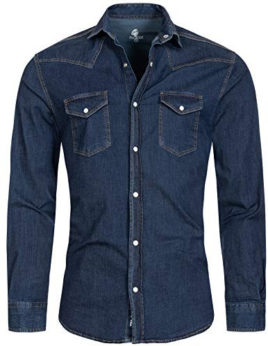 Rock Creek Herren Jeans Hemd Herrenhemd Denim Jeanshemd Vintage mit druckknöpfen Regular Fit Stehkragen Kentkragen Langarm Männer H-200 Dunkelblau L