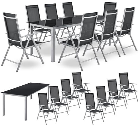 Juskys Aluminium Gartengarnitur Milano 8+1-8 Hochlehner Stühle verstellbar & klappbar mit Tisch - Gartenmöbel Set 9-teilig wetterfest - Silber