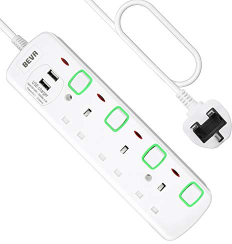 Extension Lead 3M with USB Slots, 3 Way Power Extension with 2 USB Ports, BEVA Multi Plug Extension Sockets with Individual Switches, Wall Mountable Power Strip with 3M Extension Cord…