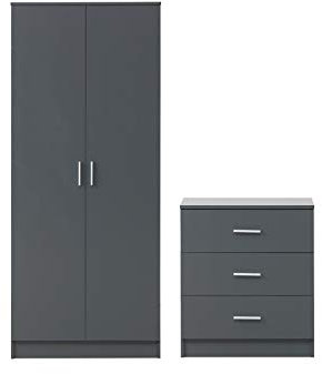 Timber Art Design UK Rio Costa 2 Door Wardrobe with Hanging Shelf, Metal Handles and Bedside Table with 3 Drawers, Modern Furniture Storage Organizer For Bedroom, Living Room, Hallway, Dark Grey