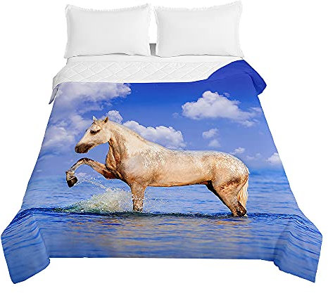 Surwin Tagesdecke Bettüberwurf Steppdecke für Doppelbett Einzelbett, Mikrofaser Wattiert Gesteppt Bettdecke 3D Pferd Druck Dünne Tagesdecken mit Ultraschall Prägung (blaues Meer,150x200cm)