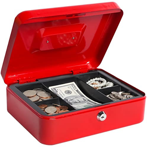 Geldkassette mit Geldablage und Schloss, LOVNDI Metall Spardose für Bargeld Lockbox 9,84 x 7,87 x 3,54 Zoll Rot