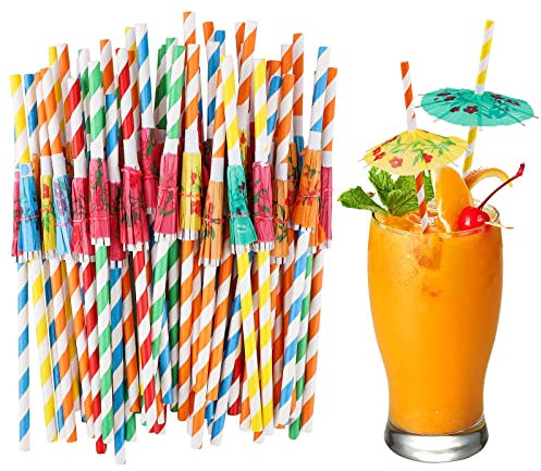 Cocktail Pailles 100 Pcs Décoration De Cocktail en Papier Boissons Parasols Pailles pour Cocktail Boissons Tropicales Fête D'anniversaire Mariage Célébration Fête