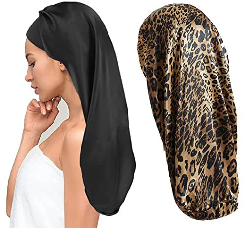 Lange Satin Haarhaube Mädchen seidige Mütze Damen,2 Stück Lange Satin Schlafmütze zum Schlafen Extra Große Satin Schlafmütze für langes lockiges Haar Schutz