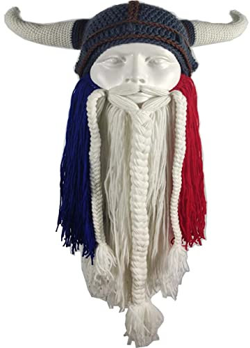 YEKEYI Wikingermütze mit großem Horn, Beanie, Bart Wikinger, Strickmütze, Barbar, lustige Skimütze, lustige Halloween-Mütze, Weihnachtsmütze, Blaue, weiße, rote Perle, 58