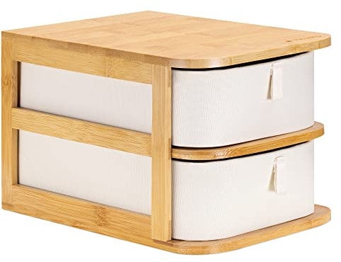 Navaris Make-Up Organizer aus Bambus - Aufbewahrung für Kosmetik - Ordnungssystem mit 2 Schubladen - Aufbewahrungsbox für Bad oder Schminktisch