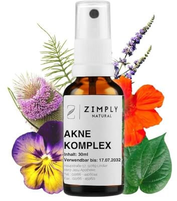 ZIMPLY NATURAL® Akne Komplex Spray, pflanzliches Mittel bei Akne, Naturheilkundliche Behandlung von Pickeln und Mitesser, hormonfreie Heilpflanzenmischung - Natürlich, Sanft, Vegan, 30ml Spray